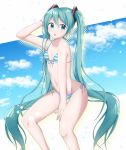  1girl :o absurdly_long_hair aqua_hair arm_up bikini blue_eyes blue_nails breasts cloud commentary_request eyebrows_visible_through_hair feet_out_of_frame groin hair_between_eyes hair_ornament hand_in_hair hatsune_miku highres lens_flare long_hair looking_to_the_side nail_polish navel open_mouth side-tie_bikini sitting small_breasts solo star striped striped_bikini supo01 swimsuit very_long_hair vocaloid 