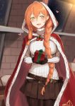  1girl :d bad_proportions belt belt_pouch black_legwear black_skirt blurry blurry_background blush braid breasts cloak gift girls_frontline green_eyes highres indoors large_breasts long_hair long_sleeves looking_at_viewer m1903_springfield_(girls_frontline) miniskirt open_mouth orange_hair pantyhose poco_(backboa) pouch red_cloak ribbed_sweater skirt smile solo sweater very_long_hair white_sweater 
