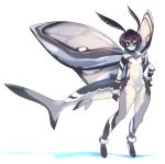  2019 anthro arthropod breasts brown_hair digital_media_(artwork) female fin fish hair hi_res hybrid insect lepidopteran marine moth non-mammal_breasts pussy shark simple_background solo tsampikos white_background wings 