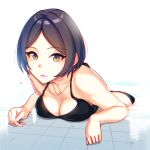  1girl bangs bent_over bikini black_bikini black_hair breasts brown_eyes cleavage closed_mouth collarbone hayami_kanade highres idolmaster idolmaster_cinderella_girls jewelry kanamura_will medium_breasts necklace parted_bangs partially_submerged pool shiny shiny_hair short_hair signature simple_background smile solo swimsuit white_background 