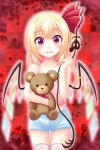  1girl :d bangs blonde_hair blood blood_splatter blue_shorts blush checkered checkered_background collarbone cowboy_shot eyebrows_visible_through_hair flandre_scarlet hair_between_eyes highres holding holding_stuffed_animal long_hair looking_at_viewer midriff open_mouth pink_shirt red_background red_eyes reimei_(r758120518) shirt short_shorts shorts side_ponytail sleeveless sleeveless_shirt smile solo stomach stuffed_animal stuffed_toy teddy_bear thigh_gap thighhighs touhou white_legwear wings zettai_ryouiki 