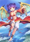  1girl armpits artist_request blush bra dragon_wings fire_emblem fire_emblem:_the_sacred_stones fire_emblem_heroes highres long_hair looking_at_viewer mamkute multi-tied_hair myrrh open_mouth purple_hair red_eyes simple_background sky smile solo twintails underwear wings 