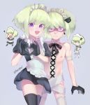  2boys alternate_costume angry apron belt black_dress blonde_hair blush dress dual_persona enmaided frills gloves green_hair heart heart_hands highres jewelry lio_fotia long_hair looking_at_viewer maid maid_apron maid_headdress multiple_boys one_eye_closed otoko_no_ko promare puffy_short_sleeves puffy_sleeves ribbon short_sleeves simple_background smile tmr0621 waist_apron 