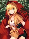  1girl ahoge bangs between_breasts bike_shorts black_shorts blonde_hair bra breasts brown_shirt cleavage closed_mouth collarbone collared_shirt cowboy_shot dress_shirt fate/extra fate_(series) green_eyes hair_intakes highres leatzche looking_at_viewer medium_breasts nero_claudius_(fate) nero_claudius_(fate)_(all) open_clothes open_shirt outdoors red_bag shirt short_hair short_shorts short_sleeves shorts smile solo standing underwear white_bra wing_collar 
