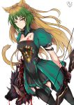  1girl animal_ear_fluff animal_ears atalanta_(fate) black_gloves black_legwear black_skirt blonde_hair blood blood_on_face bloody_clothes bow_(weapon) cat_ears cat_tail closed_mouth dutch_angle fate/apocrypha fate_(series) gloves gradient_hair green_eyes green_hair highres holding holding_bow_(weapon) holding_weapon long_hair miniskirt multicolored_hair pleated_skirt shitamichi short_sleeves simple_background skirt solo standing tail thighhighs turtleneck very_long_hair weapon white_background zettai_ryouiki 