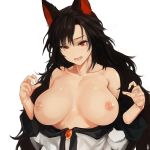  1girl animal_ear_fluff animal_ears bangs bare_shoulders black_hair breasts breasts_apart brooch collarbone commentary_request dress eyebrows_visible_through_hair fang hair_between_eyes hands_up head_tilt highres imaizumi_kagerou jewelry large_breasts long_hair long_sleeves looking_at_viewer nipples off-shoulder_dress off_shoulder red_eyes simple_background solidstatesurvivor solo sweat touhou upper_body very_long_hair white_background white_dress wolf_ears 