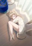  1girl 40hara animal_ears bangs barefoot blonde_hair cat_ears cat_tail closed_eyes clothes_writing commentary_request curtains highres indoors kinako long_hair lying on_back on_floor open_mouth original shirt sleeping solo t-shirt tail white_shirt 