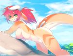  2019 absurd_res anthro areola breasts day detailed_background digital_media_(artwork) dragon female green_eyes hair hi_res horn nipples non-mammal_breasts outside plump_labia pussy red_hair rock scalie sky smile solo tsampikos 