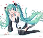  1girl :d ahoge animal_ears arm_support black_legwear black_skirt black_sleeves blue_eyes blue_hair blush cat_ears cat_tail collared_jacket detached_sleeves dress_shirt eyebrows_visible_through_hair fang floating_hair full_body hair_between_eyes hatsune_miku heart highres kk_(aky2374) kneeling long_hair long_sleeves looking_at_viewer miniskirt open_clothes open_mouth open_shirt paw_pose pleated_skirt shiny shiny_clothes shiny_hair shiny_legwear shirt skirt sleeveless sleeveless_shirt smile solo tail thighhighs very_long_hair vocaloid white_shirt zettai_ryouiki 