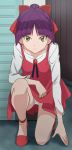  1girl bangs bow closed_mouth collarbone dress eyebrows_visible_through_hair full_body gegege_no_kitarou hair_bow haruyama_kazunori kneeling long_sleeves looking_at_viewer nekomusume nekomusume_(gegege_no_kitarou_6) panties pantyshot pantyshot_(kneeling) purple_hair red_bow red_dress red_footwear shirt short_hair solo underwear white_panties white_shirt yellow_eyes 