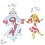  1:1 2019 anthro big_breasts breasts chimecho chingling clothed clothing digital_media_(artwork) duo female hair hi_res huge_breasts nintendo pok&eacute;mon pok&eacute;mon_(species) simple_background smile thick_thighs tmm4 video_games white_background 