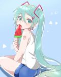  1girl aqua_eyes aqua_hair ass bare_legs blue_background blue_nails body_writing commentary_request denim denim_shorts eyebrows_visible_through_hair food hair_ornament hatsune_miku highres licking long_hair looking_at_viewer looking_back nail_polish popsicle saliva shirt shorts sitting solo supo01 tongue very_long_hair vocaloid watermelon_bar white_shirt 