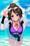  1girl bangs beach black_hair blue_eyes blue_sky blush breasts cleavage collarbone earrings eyewear_on_head glasses grin highres idolmaster idolmaster_shiny_colors jacket jewelry leaning_forward long_hair long_sleeves looking_at_viewer medium_breasts mitsumine_yuika neck_ribbon ocean ponytail purple_bikini_top ribbon shotan sky smile solo star star_earrings sunglasses thighs wading white_jacket 