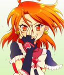  1girl :d ahoge black_gloves blue_capelet capelet cure_black earrings elbow_gloves fingerless_gloves frilled_capelet frilled_gloves frills futari_wa_precure gloves heart heart_earrings highres jewelry kaatsukun looking_at_viewer open_mouth orange_eyes orange_hair precure shiny shiny_hair short_hair smile solo upper_body white_neckwear 
