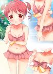  /\/\/\ 1girl arm_under_breasts bangs bare_arms bare_shoulders bikini blush bow breast_hold breasts collarbone commentary_request day double_bun eyebrows_visible_through_hair gochuumon_wa_usagi_desu_ka? hair_bow hand_up leaning_forward looking_at_viewer multiple_views natsu_megumi navel outdoors parted_lips pink_bikini red_eyes red_hair rikatan small_breasts swimsuit twintails wading wardrobe_malfunction water white_bow 