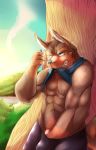  2019 absurd_res angry anthro blue_eyes blush brown_fur canid canine canis cellphone clenched_teeth clothed clothing curled_tail day domestic_dog erection fully_clothed fur german_shepherd hand_in_pants herding_dog hi_res holding_cellphone holding_object inside male mammal masturbation muscular muscular_male outside park pastoral_dog penile penile_masturbation phone public shirt_in_mouth smartphone solo teeth texting thekinkybear tree 