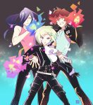  3boys black_gloves black_jacket blue_hair cravat fire gloves green_hair gueira hair_over_one_eye highres jacket komejiru_tatsunoshin lio_fotia long_hair mad_burnish male_focus meis_(promare) multiple_boys promare purple_eyes red_hair smile 