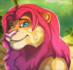  2019 blue_eyes digital_media_(artwork) felid feral hair hi_res lion mammal pantherine pink_nose red_hair smile solo tai_lung_(artist) 