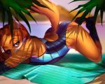  2018 anthro ass_up beach canid canine clothed clothing female fox hi_res kokidius lying mammal on_front one-piece_swimsuit outside plant seaside solo swimwear towel water 