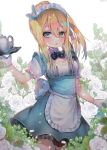  1girl :o alternate_costume alternate_hairstyle apron bangs blonde_hair blue_dress blue_eyes blurry breasts bunny_hair_ornament cowboy_shot cup depth_of_field dress enmaided flower girls_frontline gloves hair_between_eyes hair_ornament hanato_(seonoaiko) hand_up high_ponytail highres holding holding_tray long_hair looking_at_viewer maid maid_apron maid_headdress medium_breasts open_mouth ponytail rose saucer short_sleeves sidelocks snowflake_hair_ornament solo sparkle standing suomi_kp31_(girls_frontline) teapot thighhighs tray twitter_username waist_apron white_background white_flower white_gloves white_legwear 