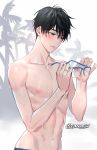  1boy abs artist_name black_hair blue-framed_eyewear blush brown_eyes collarbone commentary_request eyewear_removed gearous glasses gradient gradient_background grey_background half-closed_eyes highres holding holding_eyewear jewelry katsuki_yuuri looking_down male_focus messy_hair nipples palm_tree parted_lips puffy_nipples ring shaded_face shirtless simple_background sweat sweatdrop tree upper_body wedding_ring white_background yuri!!!_on_ice 