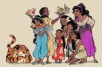  6+girls age_difference aladdin_(disney) animal arm_support arms_behind_back baggy_pants bare_shoulders barefoot beige_background black_eyes black_hair blue_footwear blue_hairband brown_footwear collarbone color_connection commentary_request company_name curly_hair dark_skin diadem disney dress earrings egyptian_clothes esmeralda_(disney) finger_to_mouth flower food gori_matsu hair_flower hair_ornament hairband hand_on_hip hands_on_another&#039;s_back hibiscus highres holding holding_tray hoop_earrings index_finger_raised jasmine_(disney) jewelry kneeling leaf_print leaning_forward lilo_&amp;_stitch lilo_pelekai lipstick long_hair looking_at_another looking_back looking_down looking_up makeup midriff moana_(movie) moana_waialiki multiple_girls necklace pants parted_lips plumeria pocahontas pocahontas_(disney) ponytail profile purple_hairband rajah_(disney) red_dress red_flower red_lips red_lipstick sandals scolding shadow shiny shiny_skin simple_background skirt straight_hair strapless the_hunchback_of_notre_dame the_princess_and_the_frog tiana_(the_princess_and_the_frog) tiger trait_connection tray tubetop white_flower yellow_dress 