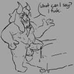  4_fingers anthro asgore_dreemurr balls bed bovid caprine english_text erection fingers goat greyscale horn humanoid_penis lenny_(artist) looking_at_viewer male mammal monochrome nipples nude overweight penis speech_bubble text undertale video_games 