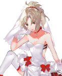  1girl absurdres breasts bridal_veil choker clarent cleavage collarbone dress dress_bow fate/grand_order fate_(series) gloves highres mordred_(fate)_(all) scrunchie sword thighhighs user_kchu3383 veil weapon wedding_dress 