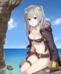  1girl :d bikini blush breasts brown_gloves cleavage cloud collarbone commentary_request day fire_emblem fire_emblem_awakening gloves grima_(fire_emblem) haru_(nakajou-28) jewelry long_hair medium_breasts navel necklace o-ring o-ring_bikini ocean open_mouth purple_bikini purple_eyes purple_swimsuit robe robin_(fire_emblem) robin_(fire_emblem)_(female) sitting sitting_on_rock sky smile solo swimsuit twintails white_hair 