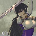  1girl angry armor artist_name ayra_(fire_emblem) black_hair breastplate cloud cloudy_sky commentary dress elbow_gloves english_commentary fire_emblem fire_emblem:_genealogy_of_the_holy_war fire_emblem_heroes gloves highres holding holding_sword holding_weapon ihsnet long_hair purple_dress purple_eyes rain shoulder_armor sky solo spaulders sword upper_body watermark weapon white_gloves 