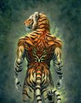  abstract_background anthro back_muscles biceps butt felid fingerpads green_background green_eyes hibbary male mammal muscular muscular_male nude pantherine simple_background solo tiger whiskers 