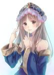  1girl atelier_(series) atelier_meruru bare_shoulders blush brown_eyes brown_hair collarbone commentary_request detached_collar eyebrows_visible_through_hair finger_to_mouth headdress long_hair long_sleeves looking_at_viewer mogupon parted_lips solo totooria_helmold upper_body 