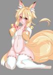  2015 animal_humanoid armwear bell blonde_hair blush breasts canid canid_humanoid canine canine_humanoid clothed clothing elbow_gloves female fluffy fluffy_tail fox_humanoid fur gloves grey_background hair handwear hi_res humanoid inner_ear_fluff kneeling legwear long_hair mammal mammal_humanoid navel open_mouth red_eyes simple_background skimpy small_breasts solo thigh_highs white_fur wide_hips yukusasu 