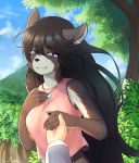  2019 5_fingers ambiguous_gender anthro black_hair blue_eyes blush bodily_fluids canid canine canis clothed clothing cloud crying detailed_background domestic_dog duo female female/ambiguous female_focus fingers first_person_view forest hair hand_holding happy hi_res human interspecies jewelry long_hair looking_at_viewer love mammal necklace oloxbangxolo outside sally_(povinne10) signature sky smile solo_focus standing tears tree 