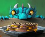  &lt;3 &lt;3_eyes anthro blue_scales claws dew_dragon ear_fins eyelashes female fin grilled_cheese horn inside kobold plate sandwich_(disambiguation) scales scalie scratches slit_pupils table yellow_eyes 