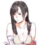  1girl bangs bare_shoulders black_hair blush breasts brown_eyes cleavage collarbone commentary_request earrings elbow_gloves eyebrows_visible_through_hair final_fantasy final_fantasy_vii gloves hair_between_eyes highres jewelry large_breasts long_hair parted_lips suspenders tank_top tifa_lockhart yosiura 