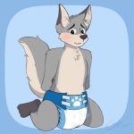  1:1 2019 absurd_res anthro arms_tied blush bound canid canine canis cas chest_tuft diaper hi_res kneeling looking_at_viewer male mammal simple_background solo tuft wolf 