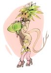  big_breasts bigdad bodysuit breasts clothed clothing curvaceous exposed_breasts female flora_fauna footwear hair high_heels huge_breasts nipples open_mouth plant shoes skinsuit smile solo standing tight_clothing 