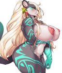  absurd_res anthro big_breasts black_nose blonde_hair blush breasts cervina7_(artist) countershading ear_piercing ear_ring eyelashes fatima_eaglefeather felid female fur grey_fur hair half-closed_eyes hi_res huge_breasts jewelry long_hair looking_at_viewer mammal muscular muscular_female navel necklace nipples nude open_mouth piercing pink_nipples sdorica_sunset simple_background solo standing white_background white_countershading white_fur yellow_eyes yellow_sclera 