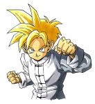  1boy aqua_eyes blonde_hair chinese_clothes clenched_hands commentary dragon_ball dragon_ball_z fighting_stance fingernails happy highres lee_(dragon_garou) long_sleeves looking_at_viewer male_focus shaded_face shirt simple_background smile son_gohan spiked_hair super_saiyan upper_body white_background white_shirt 