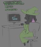  2019 ambiguous_gender black_fur bovid caprine chair clothed clothing computer deltarune desk english_text eyewear fur glasses goat hat headgear headwear horn imminent_doom keyboard mammal middry office_chair oh_no paws ralsei scarf text video_games witch_hat 