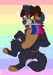  2019 black_fur brown_fur canid canine citrinelle digital_media_(artwork) feral fur lgbt_pride looking_at_viewer mammal paws pride_colors simple_background solo yellow_eyes 