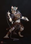  amarian anthro armor barefoot claws clothing digitigrade ear_piercing ear_ring fur gnoll hi_res hyaenid loincloth looking_at_viewer male mammal mask melee_weapon midriff open_mouth piercing sharp_teeth smile solo sword teeth toe_claws weapon whip white_fur 