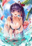  1girl all_fours animal bangs bare_shoulders bb_(fate)_(all) bb_(fate/extra_ccc) bikini bird blue_sky blush bow breasts cleavage cloud cloudy_sky collarbone commentary_request day eyebrows_visible_through_hair fate_(series) flamingo hair_bow highres large_breasts lips long_hair looking_at_viewer ocean open_mouth outdoors palm_leaf petals purple_eyes purple_hair shiny shiny_hair signature sky smile sun sunlight sweat sweatdrop swimsuit utayoi_(umakatare) wading water 