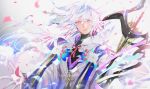  all_male fate/grand_order fate_(series) gloves hoodie long_hair male merlin_(fate/grand_order) mullpull petals pink_eyes staff watermark white_hair 