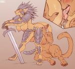  2019 anthro armor athletic big_breasts bodily_fluids breasts clitoris clitoris_piercing cunnilingus curvaceous digital_media_(artwork) duo felid feline female female/female genital_fluids genital_piercing hanging_breasts kemba_kha_regent leonin looking_at_viewer magic_the_gathering mammal melee_weapon mirri_cat_warrior mostly_nude muscular muscular_female nasusbot natural_breasts nipple_piercing nipples oral pantherine piercing pussy pussy_juice pussy_piercing sex standing sword thick_thighs vaginal weapon 