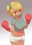  1girl :p blonde_hair blush boxing_gloves breasts brown_eyes collarbone commentary_request cowboy_shot crop_top dark_skin eyeshadow gradient gradient_background green_scrunchie grey_background hair_ornament hair_scrunchie hands_up heart highres large_breasts looking_at_viewer makeup midriff navel one_side_up original scrunchie short_hair short_shorts short_sleeves shorts smile solo sumiyao_(amam) tongue tongue_out white_shorts 