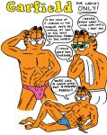  2012 anthro bulge clothed clothing comic dialogue domestic_cat english_text eyewear felid feline felis flower garfield garfield_(series) glasses johnny_ryan looking_at_viewer looking_back male mammal multiple_poses muscular plant pose romantic rose_(flower) simple_background skimpy solo speech_bubble sunglasses text underwear what white_background 
