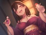  1girl arms_up bottle breasts brown_hair cleavage cotton_swab from_below japanese_clothes kimono long_hair looking_down lotion lotion_bottle mimikaki naughty_face obi off_shoulder open_mouth original pokachu purple_kimono red_eyes sash smile solo upper_body 