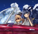 2girls bangle bangs bare_shoulders bird black_headwear blue_bow blue_eyes blue_hair blue_sky bow bracelet brown_eyes brown_hair car cloud collarbone commentary_request day debt drawstring dress drill_hair driving earrings eyebrows_visible_through_hair grey_hoodie ground_vehicle hair_between_eyes hair_bow hand_up hat hat_bow highres hood hoodie jewelry long_hair looking_at_viewer mini_hat mini_top_hat motor_vehicle multiple_girls necklace outdoors palm_tree reflection shope short_sleeves siblings sidelocks sisters sky sleeveless sleeveless_dress smile stuffed_animal stuffed_cat stuffed_toy sunglasses top_hat touhou tree twin_drills twintails upper_body very_long_hair white_bow white_dress yorigami_jo&#039;on yorigami_shion 